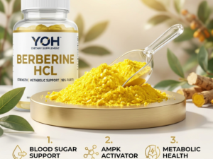 Yoh Bio-tech brand Berberine HCl powder 98% HPLC in an amber glass jar, showcasing a bright yellow crystalline botanical extract for blood sugar balance and AMPK activation.