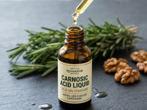 Yoh Bio-tech brand Carnosic Acid liquid 5% and 10% in an amber dropper bottle, displaying a 100% oil-soluble natural antioxidant and lipophilic stabilizer substitute for BHA and BHT in pet food and edible oils.