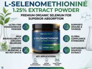 Yoh Bio-tech brand L-Selenomethionine 1.25% extract powder in an amber glass jar, displaying organic selenium specifications for uniform blending and thyroid support.