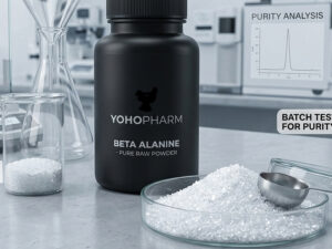 Close-up of ultra-pure white crystalline Beta-Alanine raw powder on a glass dish for laboratory-grade quality.