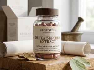 A clear glass bottle of Regenesis Supplements Butea Superba Extract capsules on a wooden block, surrounded by herbal slices, a leaf, rolled paper, and a product box in a bright room.