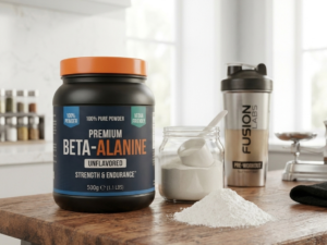 Premium Beta-Alanine unflavored pure powder product jar on a wooden table next to a glass container and a pile of white raw supplement powder in a bright kitchen setting.