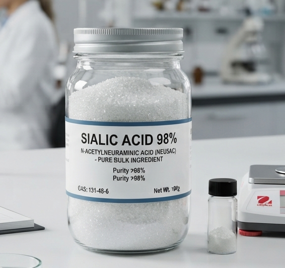 A clear glass jar filled with 98% pure Sialic Acid (N-Acetylneuraminic Acid) powder on a white laboratory desk, with a scientist working in the background.