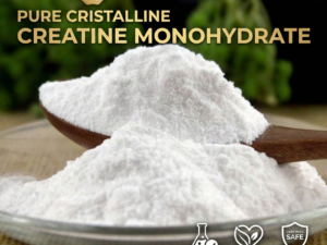 Premium 200 mesh micronized creatine monohydrate pure white crystalline powder on a wooden spoon, featuring lab-tested, cGMP, and certified safe icons for sports nutrition branding.