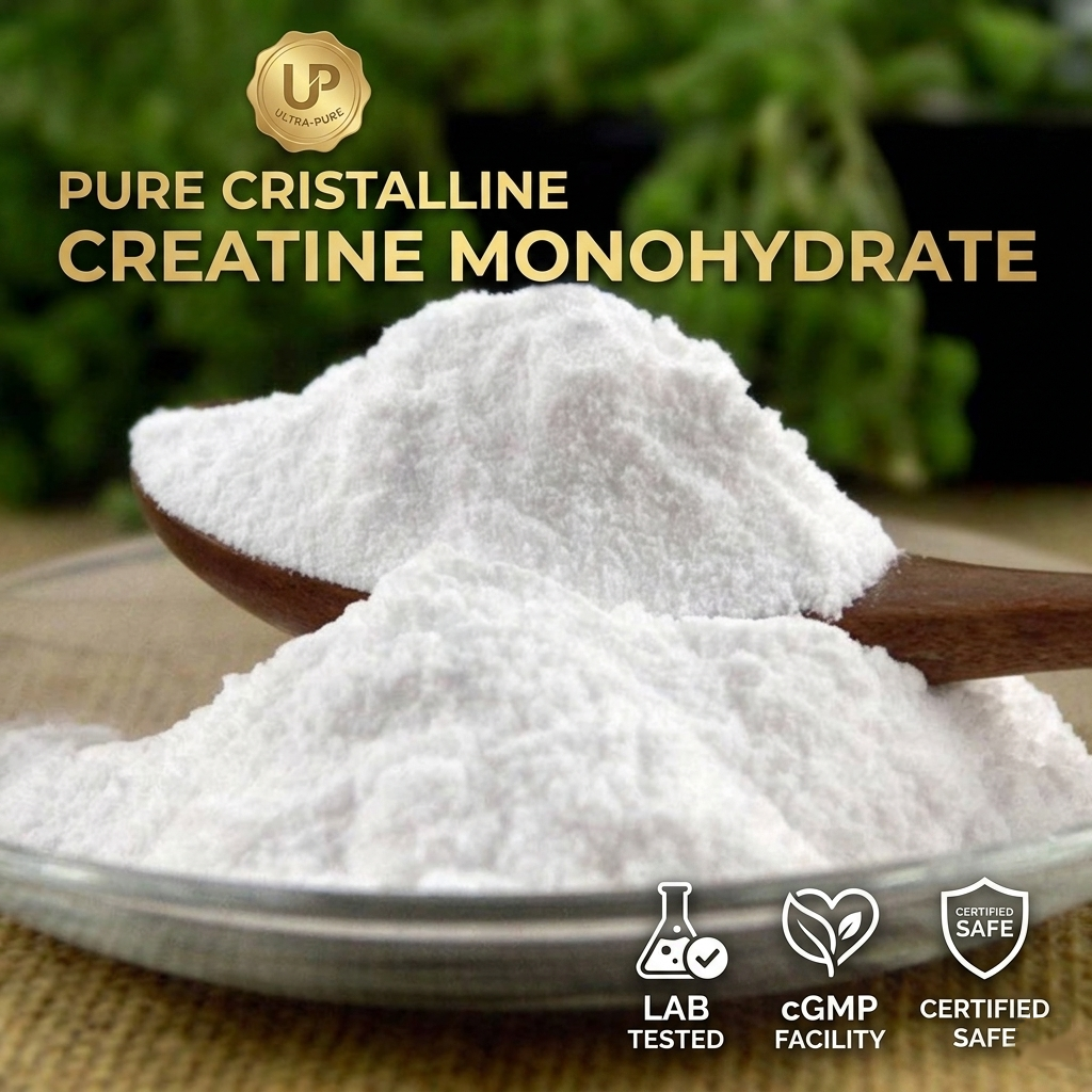 Premium 200 mesh micronized creatine monohydrate pure white crystalline powder on a wooden spoon, featuring lab-tested, cGMP, and certified safe icons for sports nutrition branding.