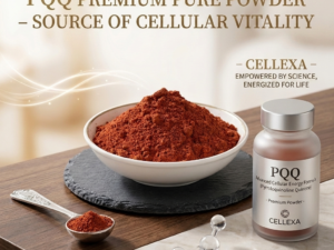 High purity reddish brown PQQ disodium salt powder in a white bowl with a premium supplement bottle and molecular structure model for mitochondrial health formulation.