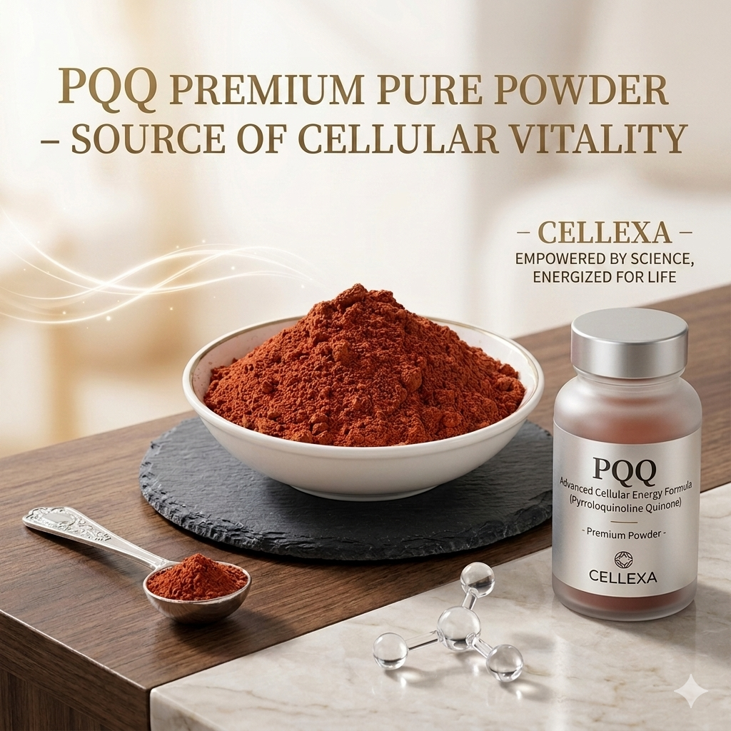 High purity reddish brown PQQ disodium salt powder in a white bowl with a premium supplement bottle and molecular structure model for mitochondrial health formulation.